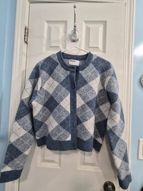 Rita Ora Primark Blue & Cream Argyle Knit Cardigan Sweater